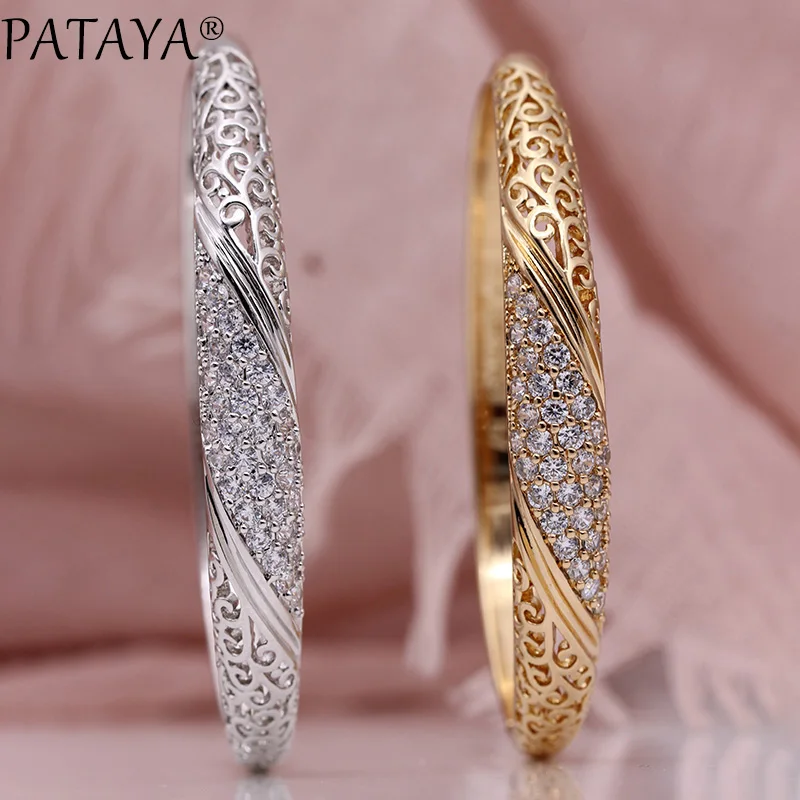 PATAYA новые женские микро-восковые инкрустационные браслеты 585 розовое золото белый натуральный циркон овальный браслет полые Свадебные вечерние модные украшения
