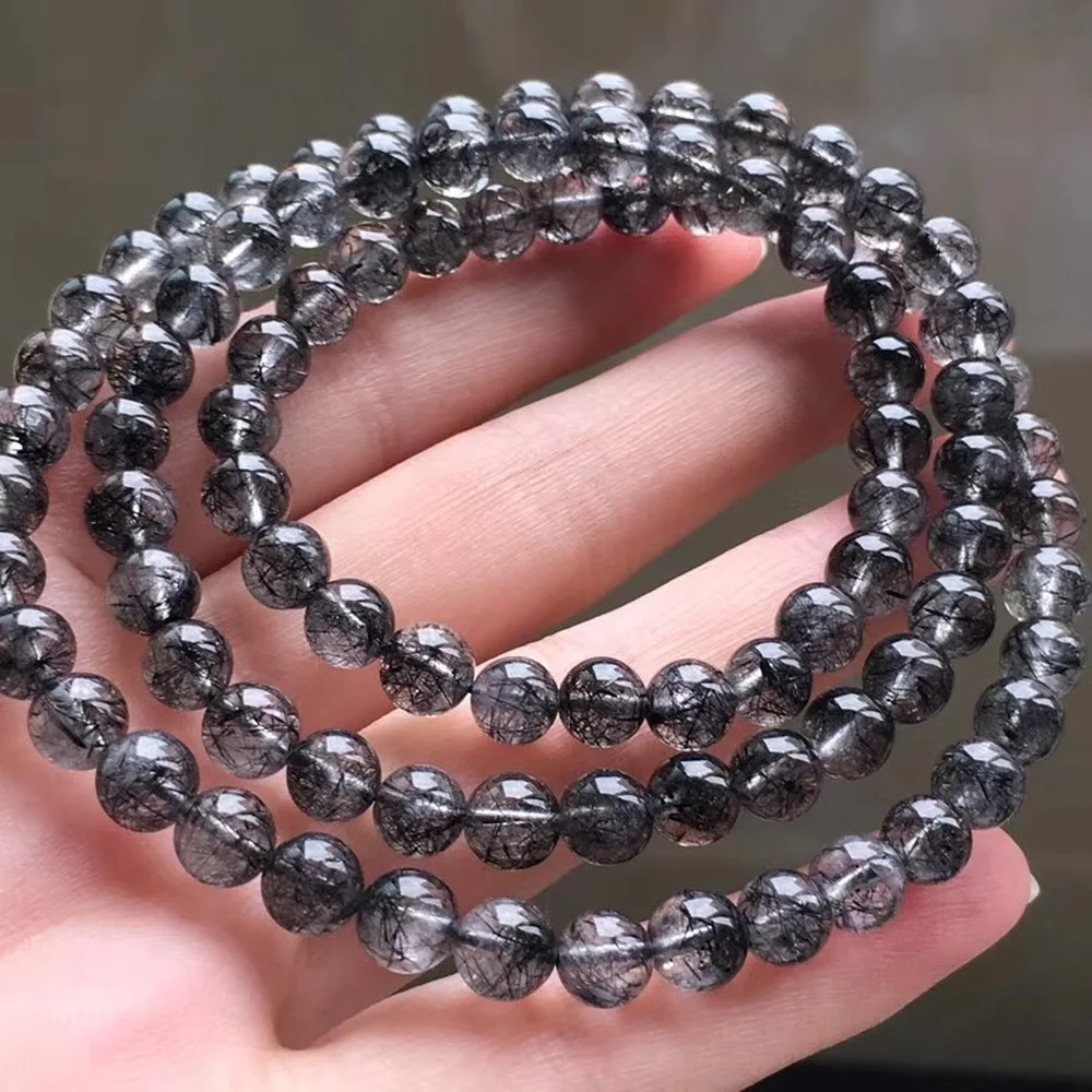 

5.6mm 3 Laps Genuine Natural Black Rutilated Quartz Bracelet For Women Men Gift Crsytal From Brazil Round Beads Fashion Bracelet