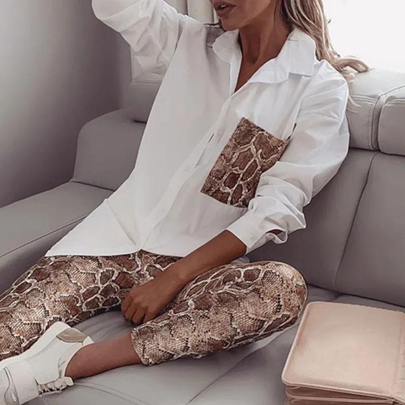 

Two Piece Set Snake Print Women's Shirt Suit Long Sleeve Pocket Blouse Female Pants Sets 2020 Spring Suits Thin Faux PU Plastic