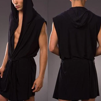 

Men's Sexy Bathrobe Ice Silk Hooded Sleeveless Sleepwear Pajamas Nightwear Nightgown Bathrobes Home Ice Silk Hooded Sleeveless