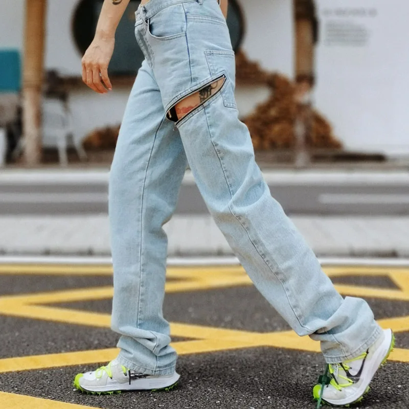 

2020 Spring New Style Washing Retro High-waisted Light Color Zipper with Holes Fashion Brand Straight-Cut Jeans