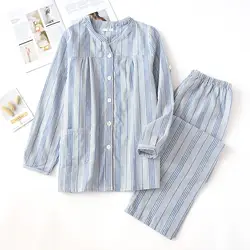 Японская полосатая простая Пижама для отдыха женская пижама Mujer Pj комплект осень 100% хлопок марля с длинными рукавами лацканы пижамы
