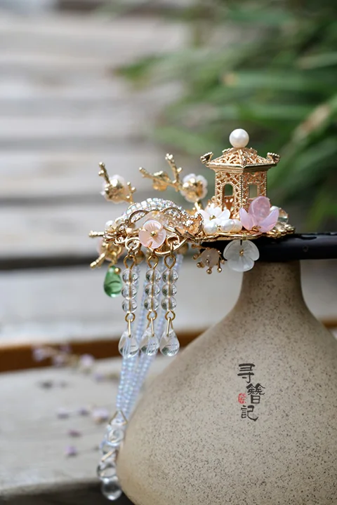 Традиционный наряд ханьфу Ретро цветок аксессуары-кисточки Kanzashi павильон Классическая Шпилька, которая сотрясается при ходьбе для волос, с узорами, ручной работы головной убор Косплей