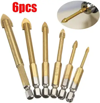 

6pcs/lot Hex Handle Titanium-Plated Drill Glass Ceramic Drill Bit Carbide for Bathroom Tiles Mirrors Alloy Triangle Glass Drill