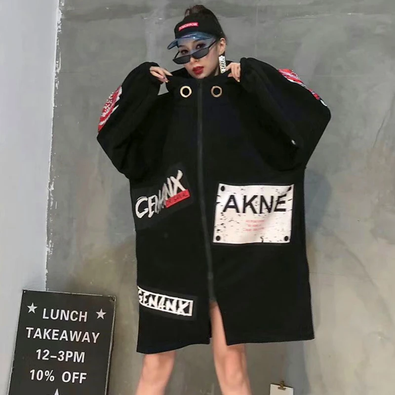Plus velvet thick loose sweater women's long section tide brand patch printing personality hooded jacket autumn and winter