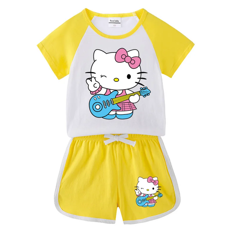 thumbnail image 1 of Ropa para niños de Hello Kitty, pantalones cortos de manga corta con dibujos animados para niñas, conjuntos deportivos informales, Camiseta de algodón para bebé + Pantalones, traje de dos piezas, 1 of 4