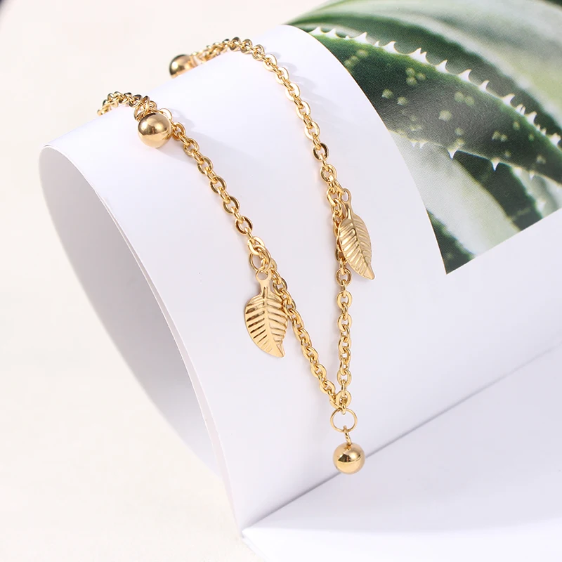 

Stainless Steel Gold Leaf Beads Barefoot Sandals Anklet Bohemian Tassel Link Chain Heart Foot Leg Bracelet For Women