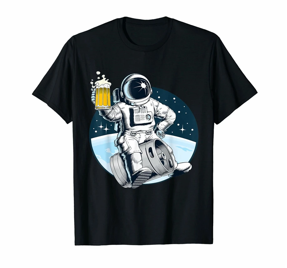 Astronaut Riding On Beer Keg In Orbit Outer Space T-Shirt Retro O Neck Tee Shirt | Мужская одежда