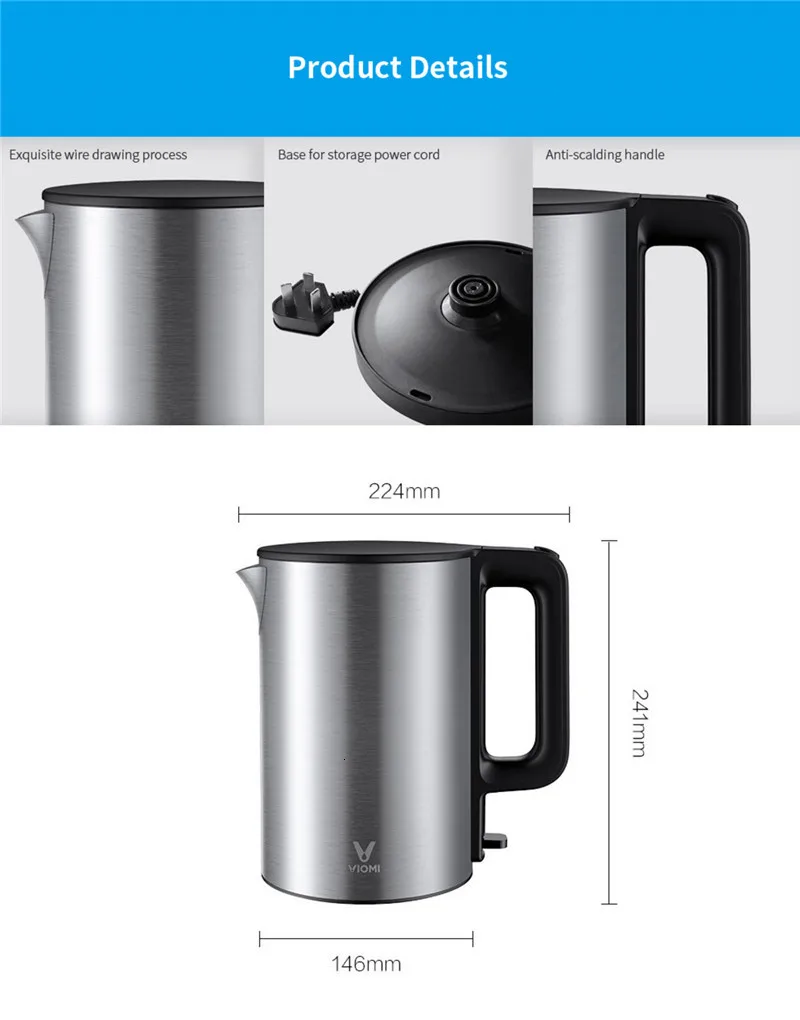Xiaomiyoupin VIOMI YM-K1506 1800 л 304 Вт Электрический чайник с термостатом антиобжимной дом чайник из нержавеющей стали