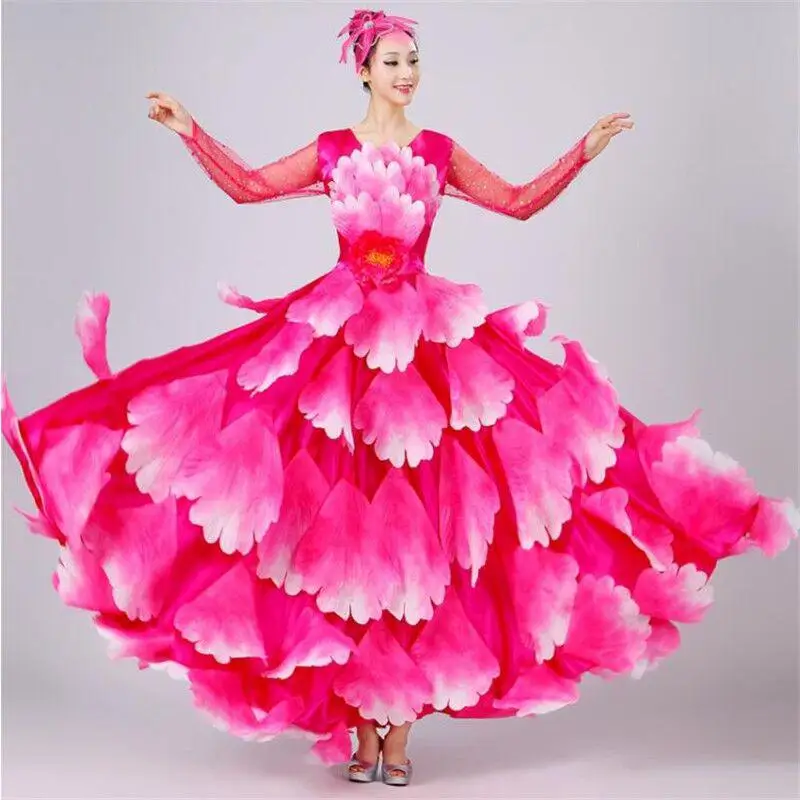 Новое летнее платье с открытой юбкой для танцев, костюмы для выступлений, танцевальная юбка для взрослых, Женская сценическая юбка в форме лепестков платья - Цвет: Mei red 720 degrees