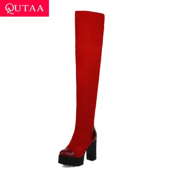 

QUTAA 2020 Women Over The Knee Boots Round Toe Platform Winter Women Shoes Patchwork PU Flock Square Heel Long Boots Size 34-43