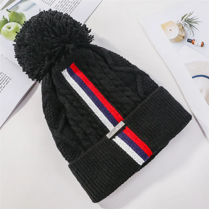 USPOP, модные зимние женские утолщенные теплые шапки Skullies, Лоскутные Полосатые Вязаные шапки, женские шапки с помпоном