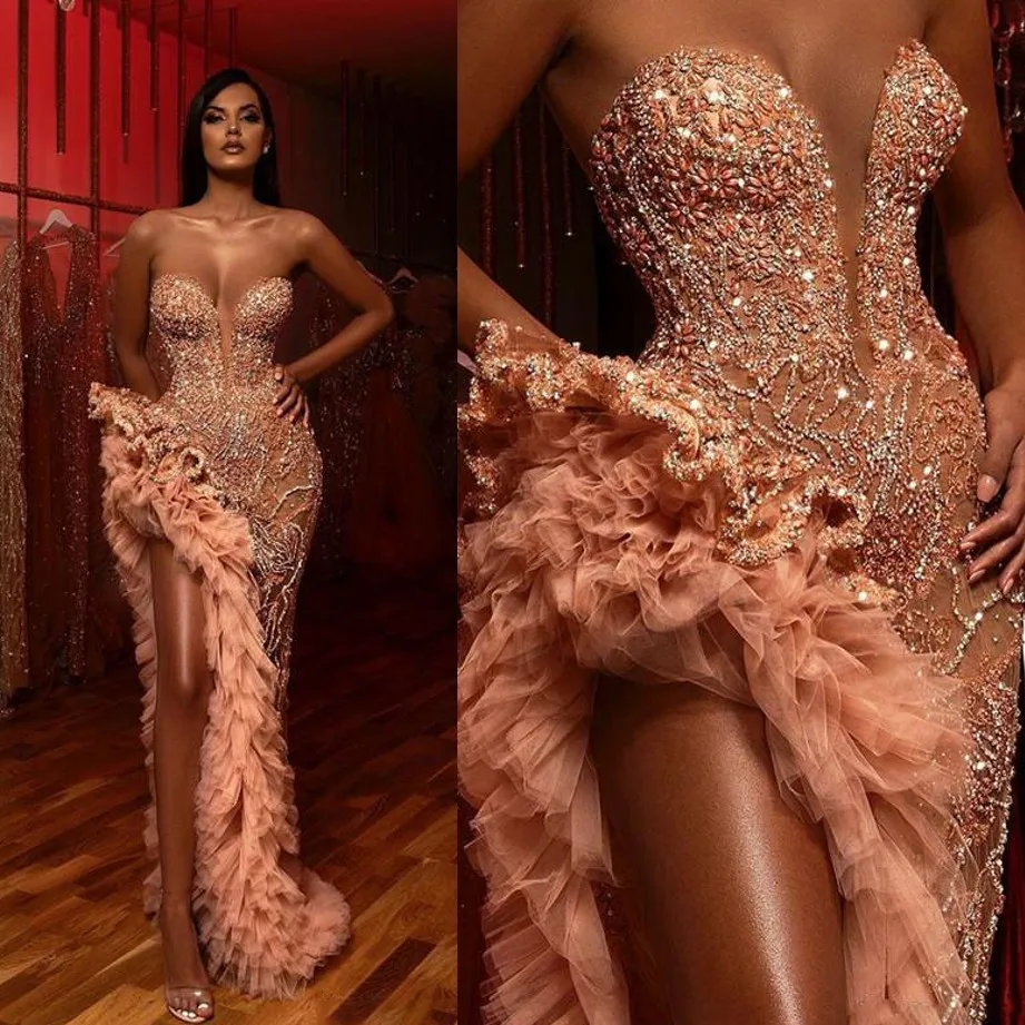 

robe de soiree longue Dubai Evening Dress Beads vestido de festa longo Formal Gown Crystals Evening Dress Sheath High Slit