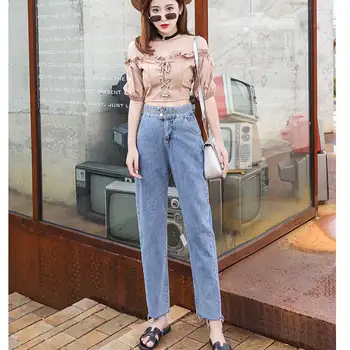 

High waist jeans double-breasted slim retro old pants cotton women loose 2019 spring new blue long pants high street women jeans