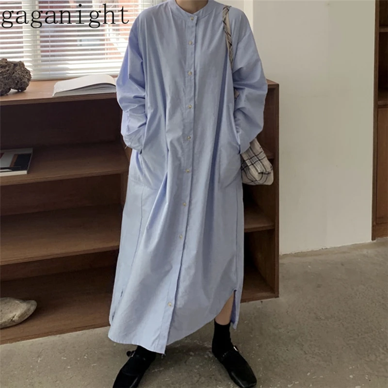 Gaganight Solid Casual Loose Women Oversize Dress Long Sleeve O Neck Single Breasted Dresses Side Split Maxi Korean Vestidos | Женская