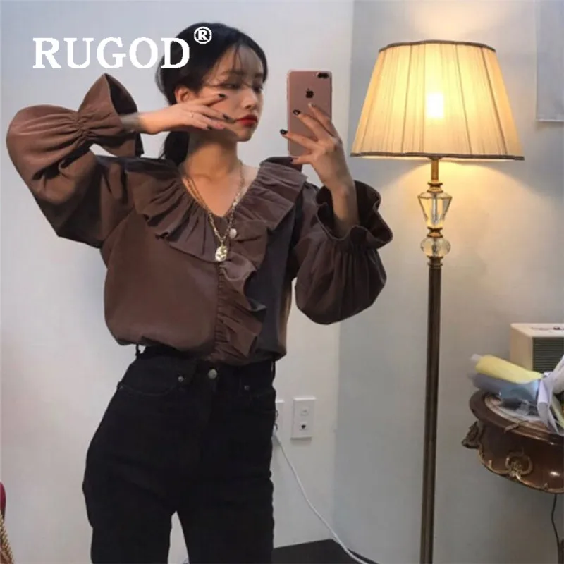 RUGOD Harajuku винтажная блузка с оборками Женские блузки с длинным рукавом Элегантная корейская модная одежда женские рубашки рубашка с расклешенными рукавами