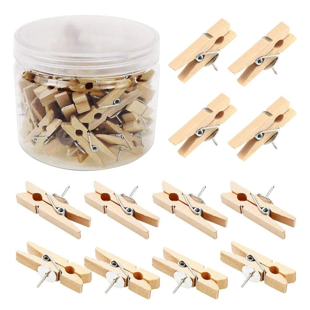 Blank Wooden Clips Paper Photo DIY Push Pins Peg Thumbtacks Clothespins w/ Box