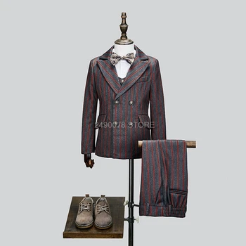 

Flower Boys Wedding Suit Prince Kid Formal Stripe Jacket Vest Pants 3Pcs Set Children Performance Host Dance Party Dress Costume