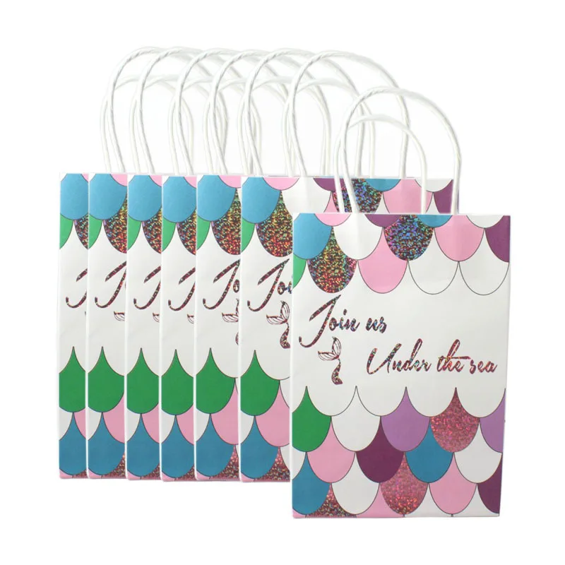 

12pcs Creative Mermaid Paper Bag With Handles Colorful Gift Packaging Paper Tote Bag Wedding Party Birthday Supplies Gift Bag