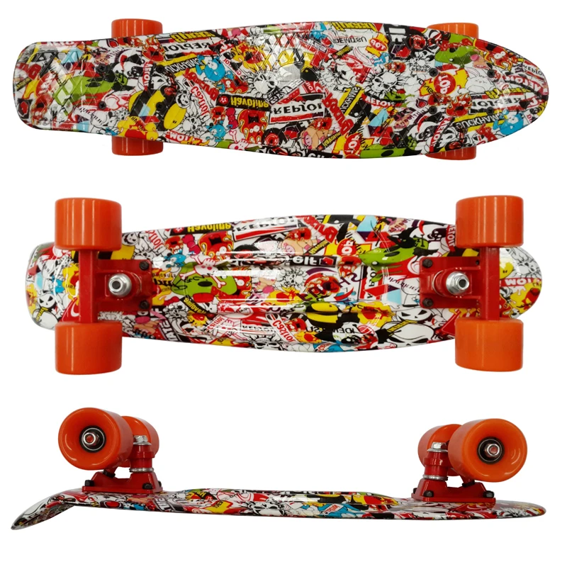 22 ''Fish Skateboard Big Skull Series Retro Printed Skate Board Mini Cruiser Skateboard Banana Penny Board Men Drift Fish Board