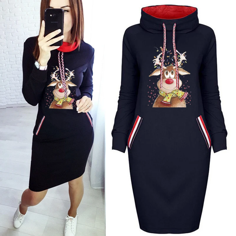 

Women Midi Dress Christmas Cute Reindeer Print Vestidos Long Sleeve Bodycon Party Gifts Package Hip Plus Size Short Dresses