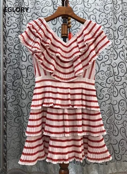 

Top Quality Striped Dress 2020 Summer Style Women V-Neck Red Blue Striped Print Cascading Ruffle Sleeveless Silk Cotton Dress