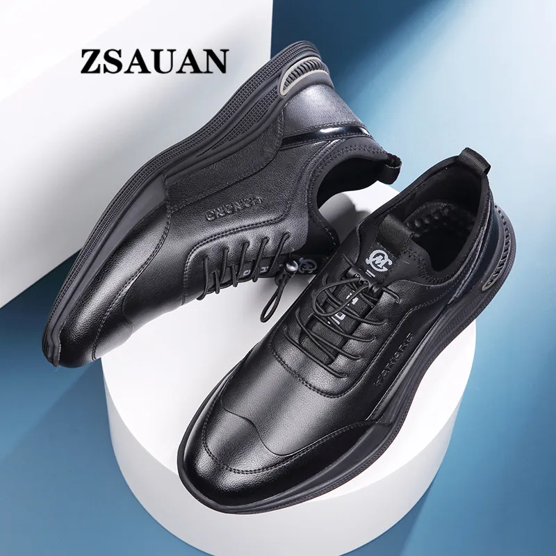 

ZSAUAN Tide Young Men Leather Sneakers Spring / Winter High Quality Leisure Shoes Male Elastic Shoelace Mens Daily Footwear