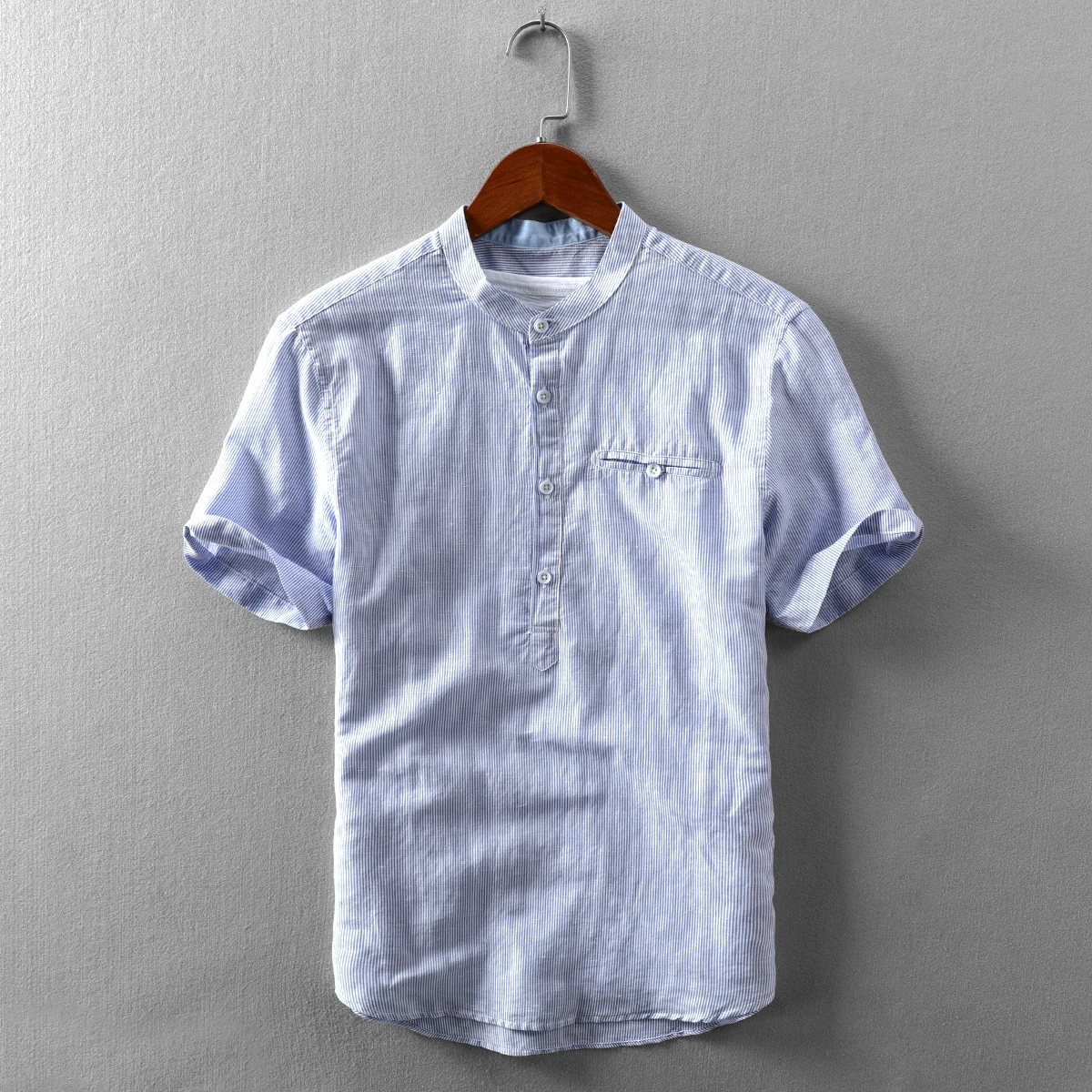 Linen Men S Stand Strieped Short Sleeve Half Open Collar Summer Pullover Shirts Men High Quality Casual Tops Casual Shirts Aliexpress