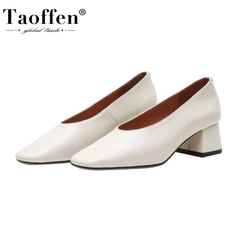Taoffen Women Real Leather Pumps Chunky Heels Party Office Shoes Woman Slip On Classics Ladies Footwear Size 34-39 | Обувь