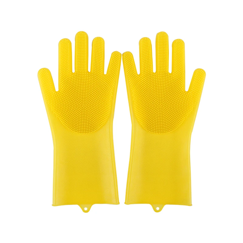 Yellow Силиконовые перчатки для мытья посуды, перчатки для чистки с длинной щетиной, многоразовые термостойкие перчатки для кухни, ванной, ухода за шерстью домашних животных - Цвет: Yellow