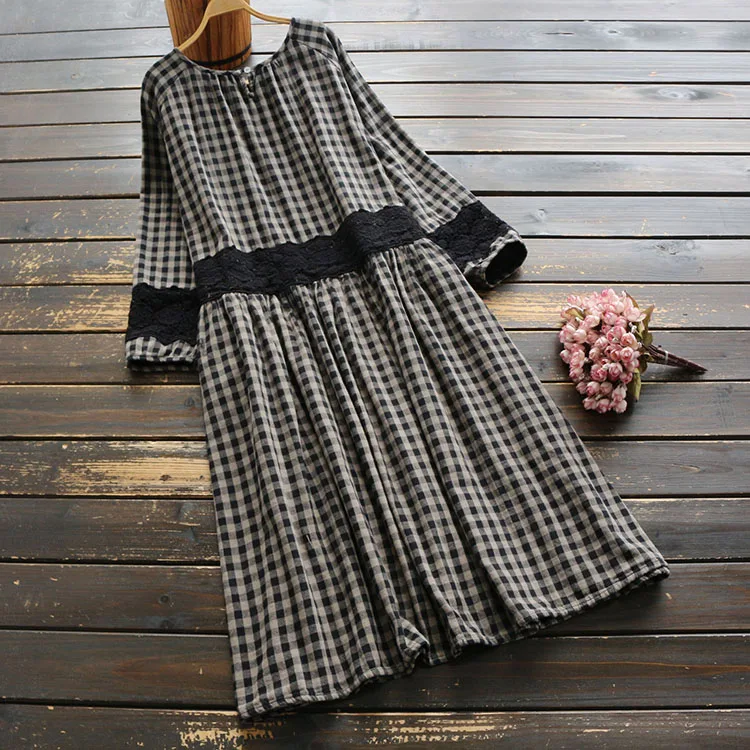 

7145 Mori Girl Winter Women Plaid Dress Japan Style Cotton Long Sleeve O-Neck Lace Loose Casual Midi Dress