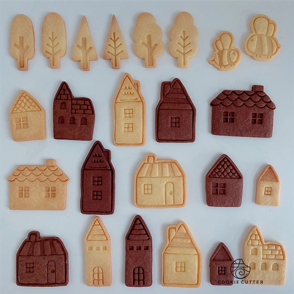 Town Theme House Shape Biscuit Mold Tree Bee Apple Cloud Pattern Cookie Stamp Home DIY Fondant Sugar Craft Baking |
