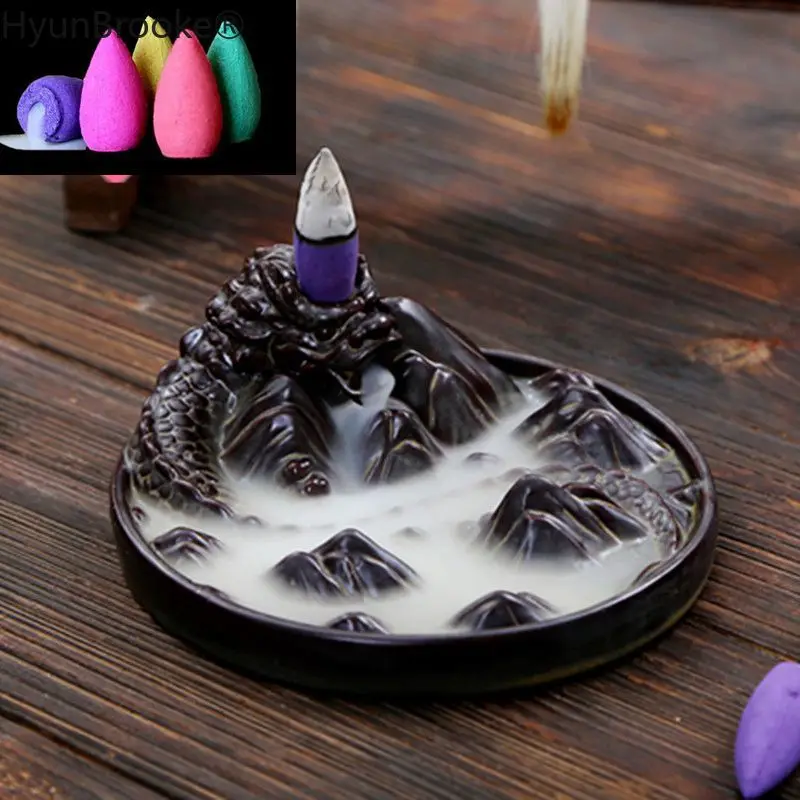 Ceramic Dragon Incense Burner for Smoke Backflow Like Water Streaming Down Art Craft Cone Furnace Home Decor+ 10 Cones | Дом и сад