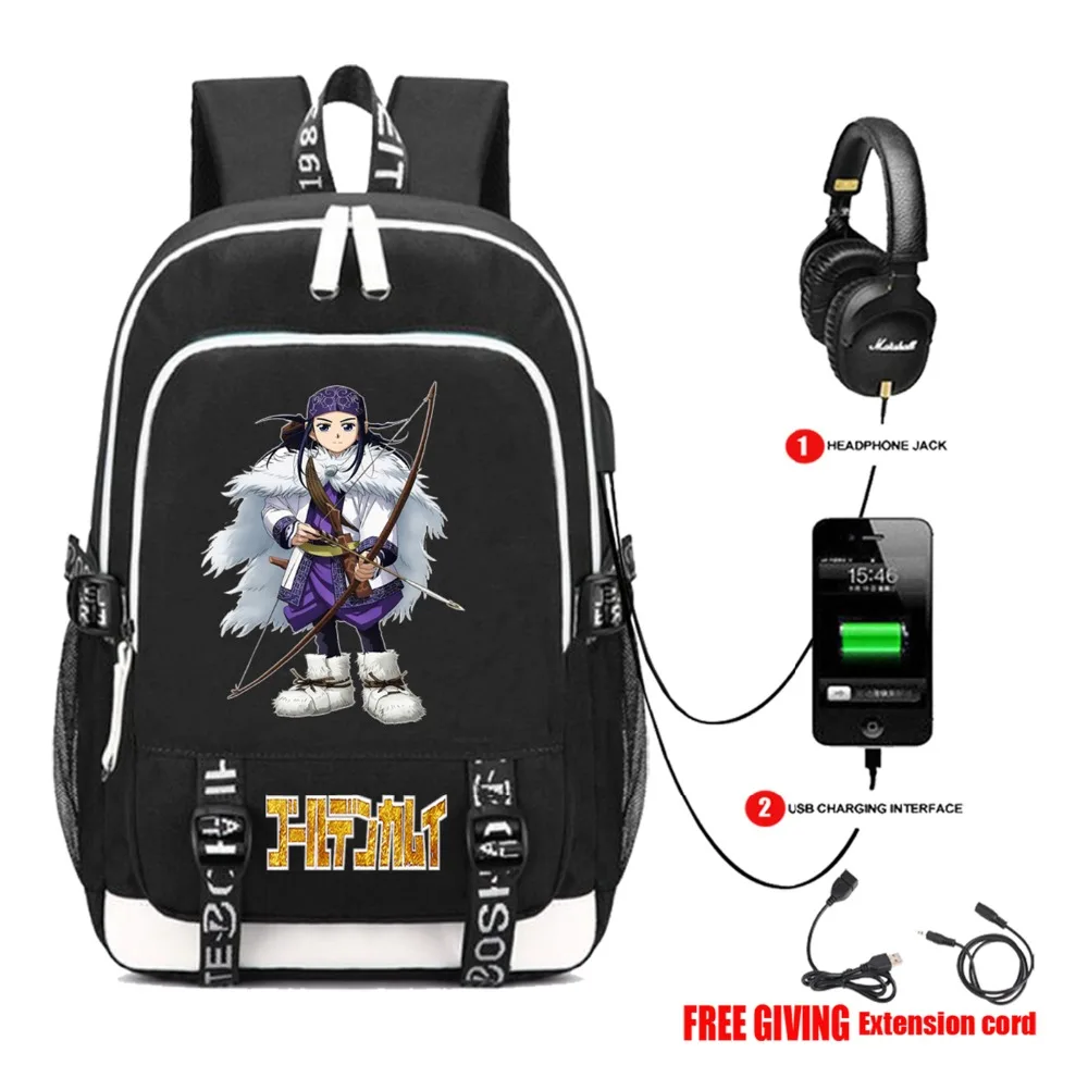 

Аниме Золотой Kamuy рюкзак зарядка через USB разъем для наушников унисекс Travelbag ноутбук рюкзак для подростков для школьников 8 стилей