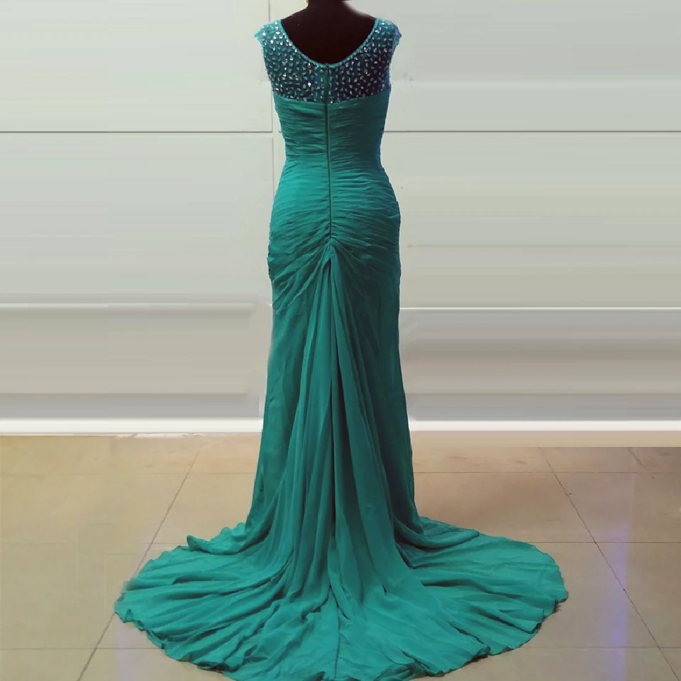 Дешевое вечернее платье Русалка 20219 для вечеринки с бусинами зеленое шифоновое