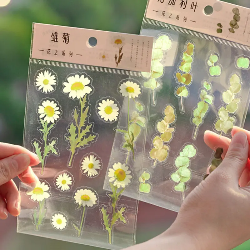 One Sheet 12 Designs Natural Daisy Clover Japanese Words Stickers Transparent PET Material Flowers Leaves Plants Decor