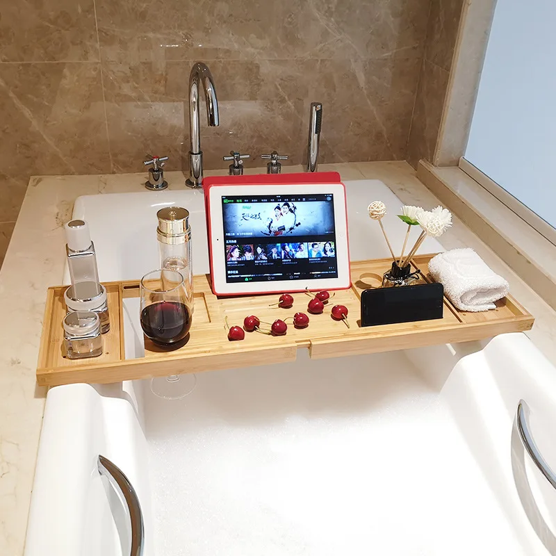 Bath Bamboo Sink Rack Bathtub Wind Rack Mobilephone Tablet Computer Shower Bar Storage Shelf Tray Retractable Bath Bracket