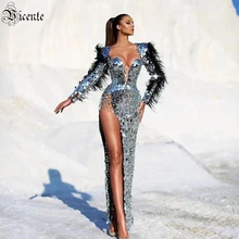  VC Long Dress Women With Black Feather Decoration Long Sleeves Side High Slits Mirrored Round Sequined Square Collar 