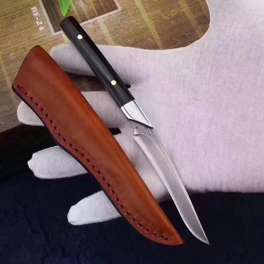 

Damascus steel blade wood handle Tactical fixed blade Small straight knife leather Sheath outdoor camping survival EDC knives to