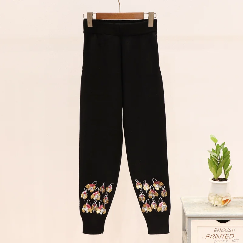 Autumn New Women's Knitwear Embroidery Sequins Long Sleeve Knit Pullovers+ Pants Fashion Two Piece Suit Women Sets Femme