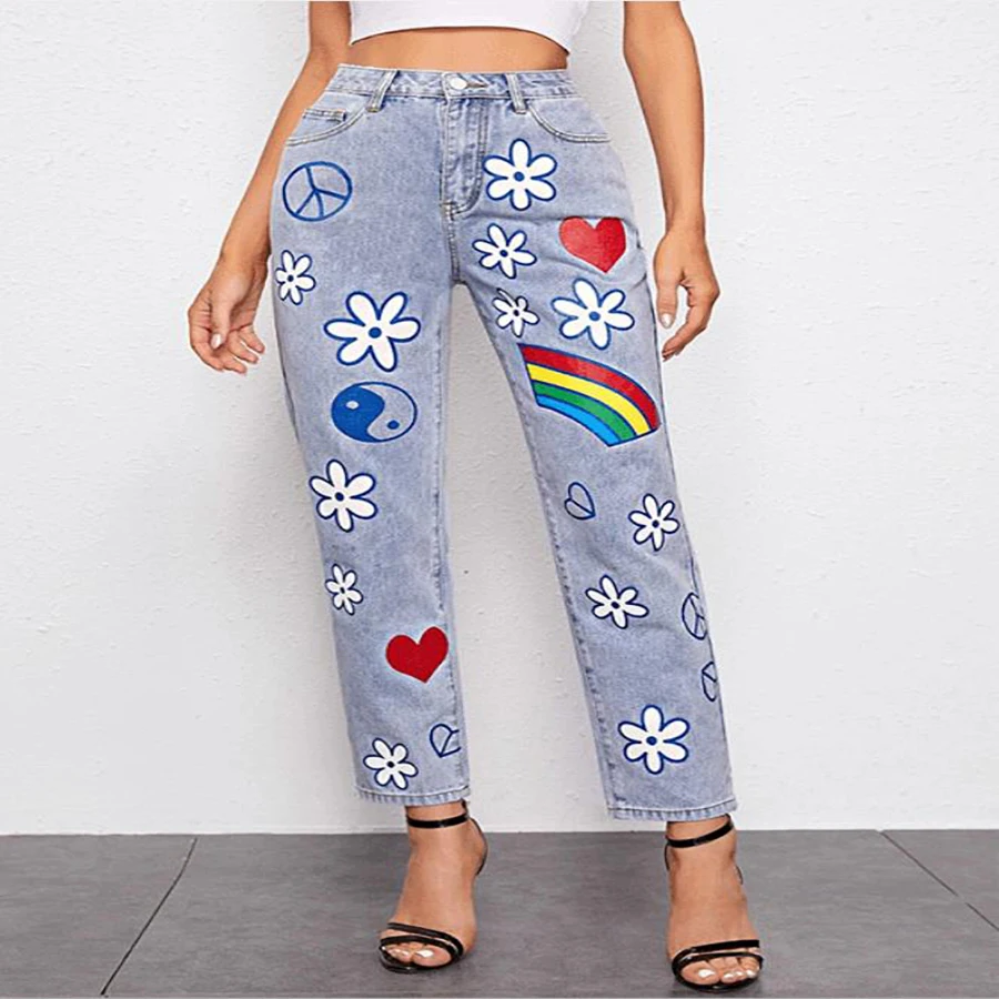

Flowers Print Straight Leg Jeans Women Spring Autumn Fashion Heart Pattern High Waisted Jeans Woman Casual Loose Cowboy Trousers