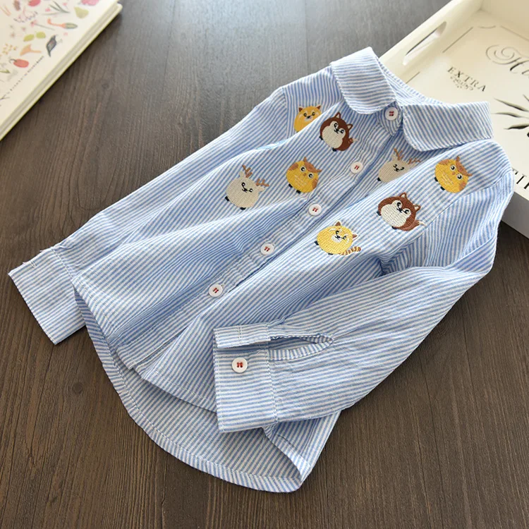 Синий Весеннее платье новая Корейская рубашка с длинными рукавами для девочек белая рубашка в полоску с вышивкой - Цвет: Синий