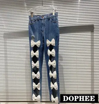 

2020 Autumn New Bow String Hollow Leg Slim Cool Washed Jeans Women's Fashion Denim Pants Streetwear Jeans