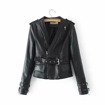 

2020 Spring New Women Slim Short V-neck Sashes Women Jacket Jacket Coat Faux Leather Motorcycle PU Leather Epaulet Zippers Women