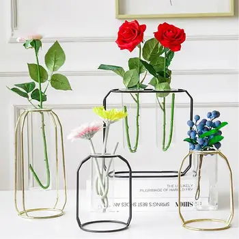 

Metal Glass Tube Frame Geometric Plant Pot Tabletop Flower Vase with Iron Art Stand for Office Home Decor