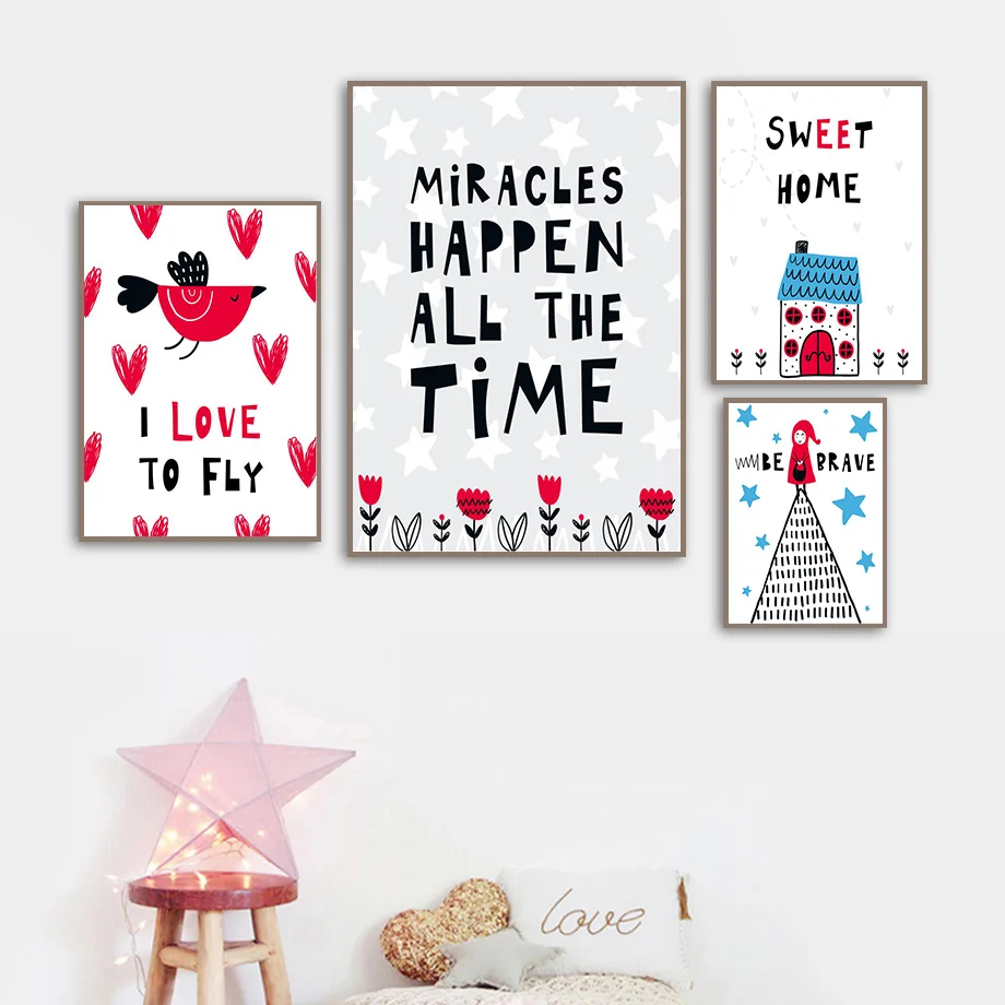 Kawaii фея и птицы на холсте Плакаты принты для детской Картина милый дом стены