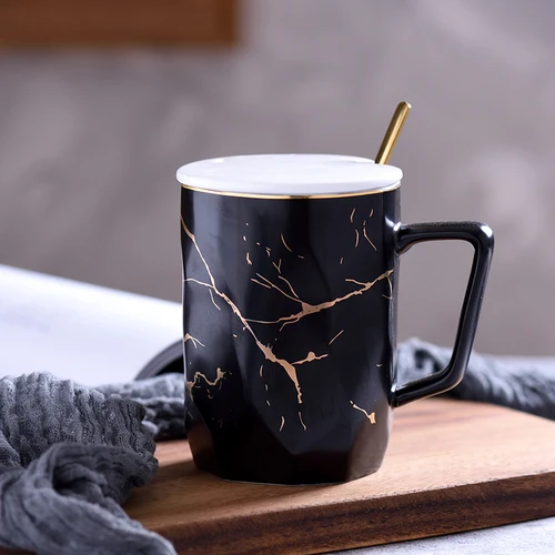 Marble Gold Stripe Mug White Black Olive Green Coffee Cup Quality Ceramic New Year Mug Gift for Friend Dinner Water Juice Cup - Цвет: A black