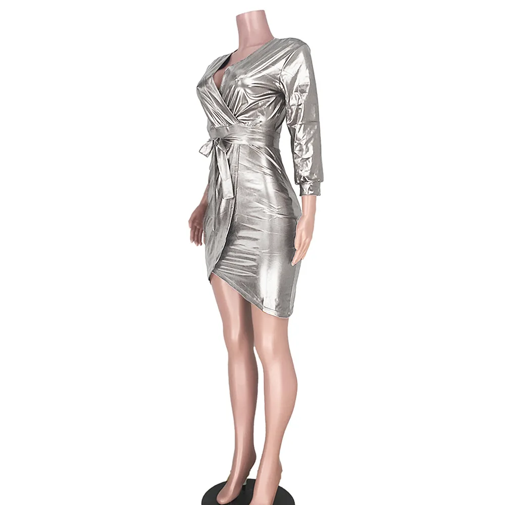 Autumn Sexy Fashion V-Collar Gilded Dress Sexy Club Solid Color Three Quarter Regular Sleeve Sequined High Elastic Mini Dress