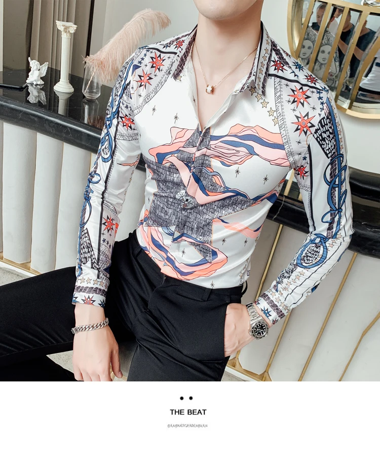 Уличная модный принт Для мужчин s Повседневная рубашка Slim Fit Для мужчин рубашка платье Вечерние смокинг Camiseta корейский Для мужчин одежда рубашка Для мужчин