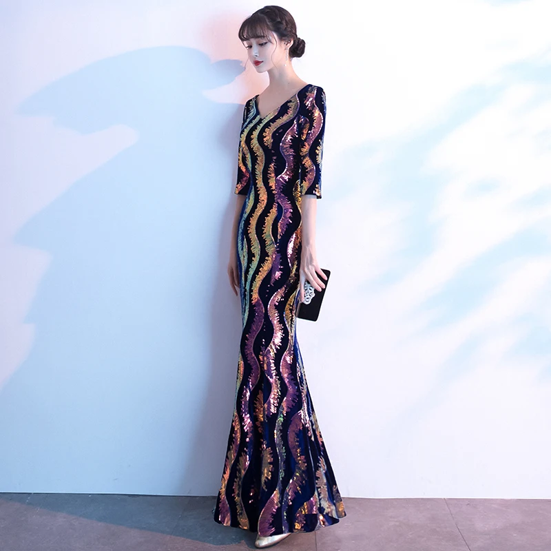 AE640 Robe De Soiree стиль Роскошные вечерние платья с коротким рукавом настоящая фотография блестки V образным вырезом Вечерние платья Русалка